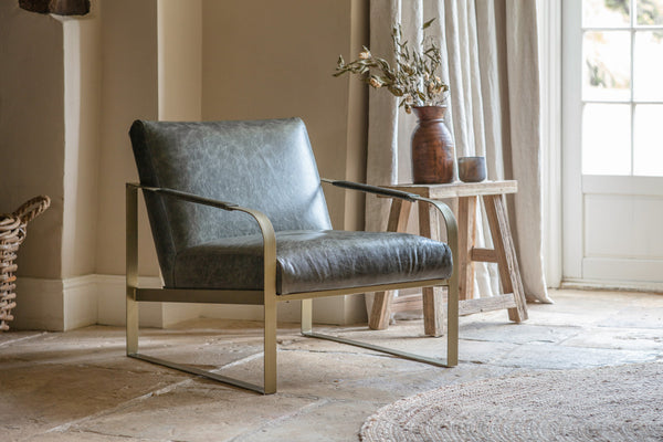 Adra Leather & Brass Occasional Chair - Moss Green