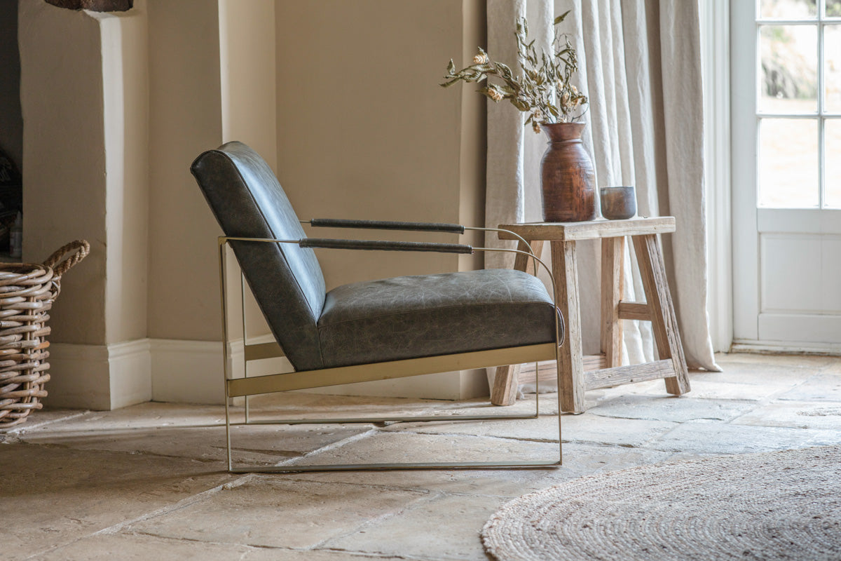 Adra Leather & Brass Occasional Chair - Moss Green