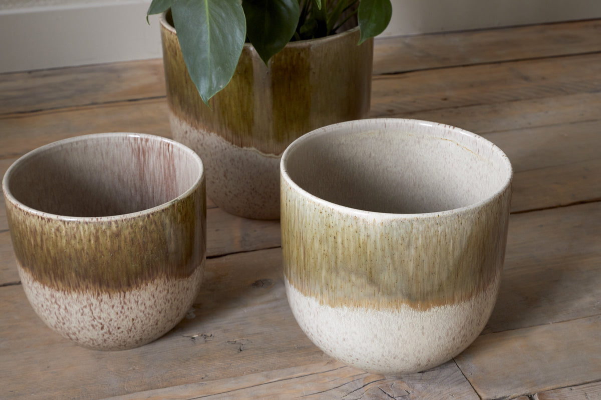 Almeida Reactive Glaze Plant Pot - Olive & Natural