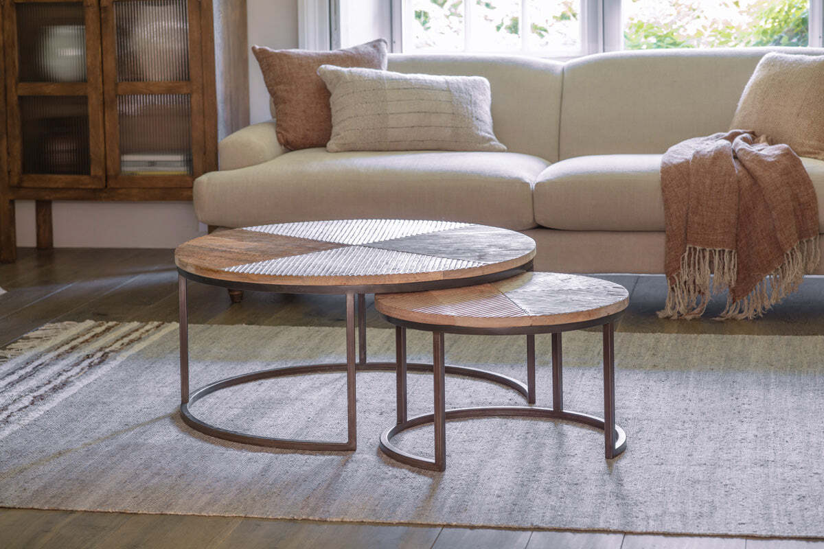 Aasha Carved Mango Wood & Iron Nesting Coffee Tables - Natural - (Set of 2)