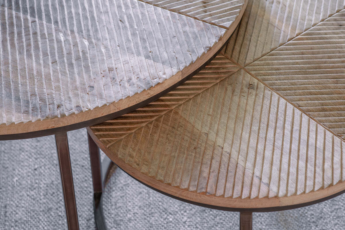 Aasha Carved Mango Wood & Iron Nesting Coffee Tables - Natural - (Set of 2)