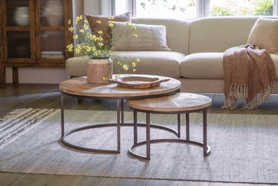 Aasha Carved Mango Wood & Iron Nesting Coffee Tables - Natural - (Set of 2)