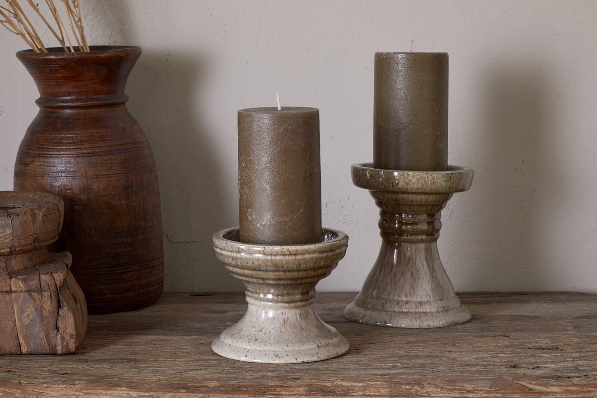 Cabra Reactive Glaze Candle Holder - Olive & Natural