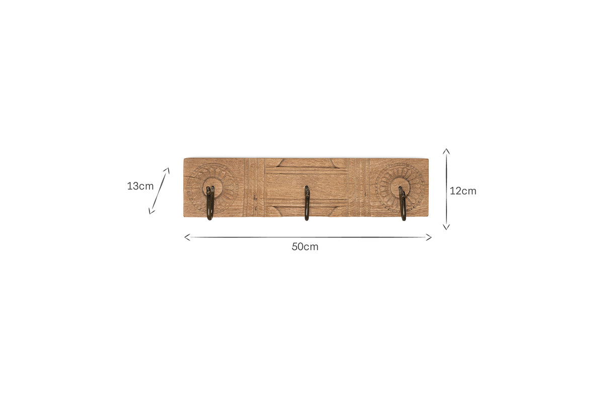 Veduru Mango Wood Carved Hook - Natural (Row of 3)