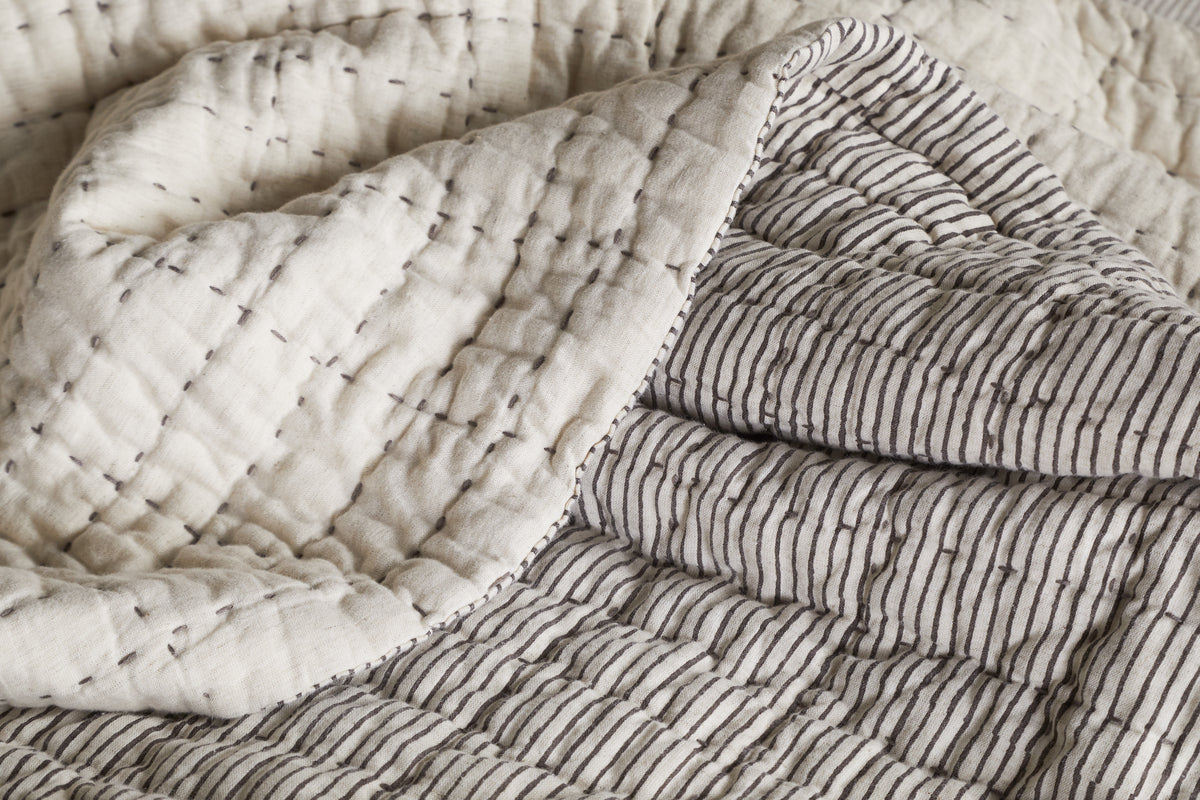 Dipti Cotton & Linen Block Print Bed Quilt - Charcoal