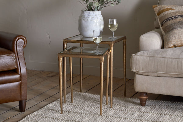 Gilasi Cast Metal & Glass Nesting Side Tables - Antique Brass (Set of 2)