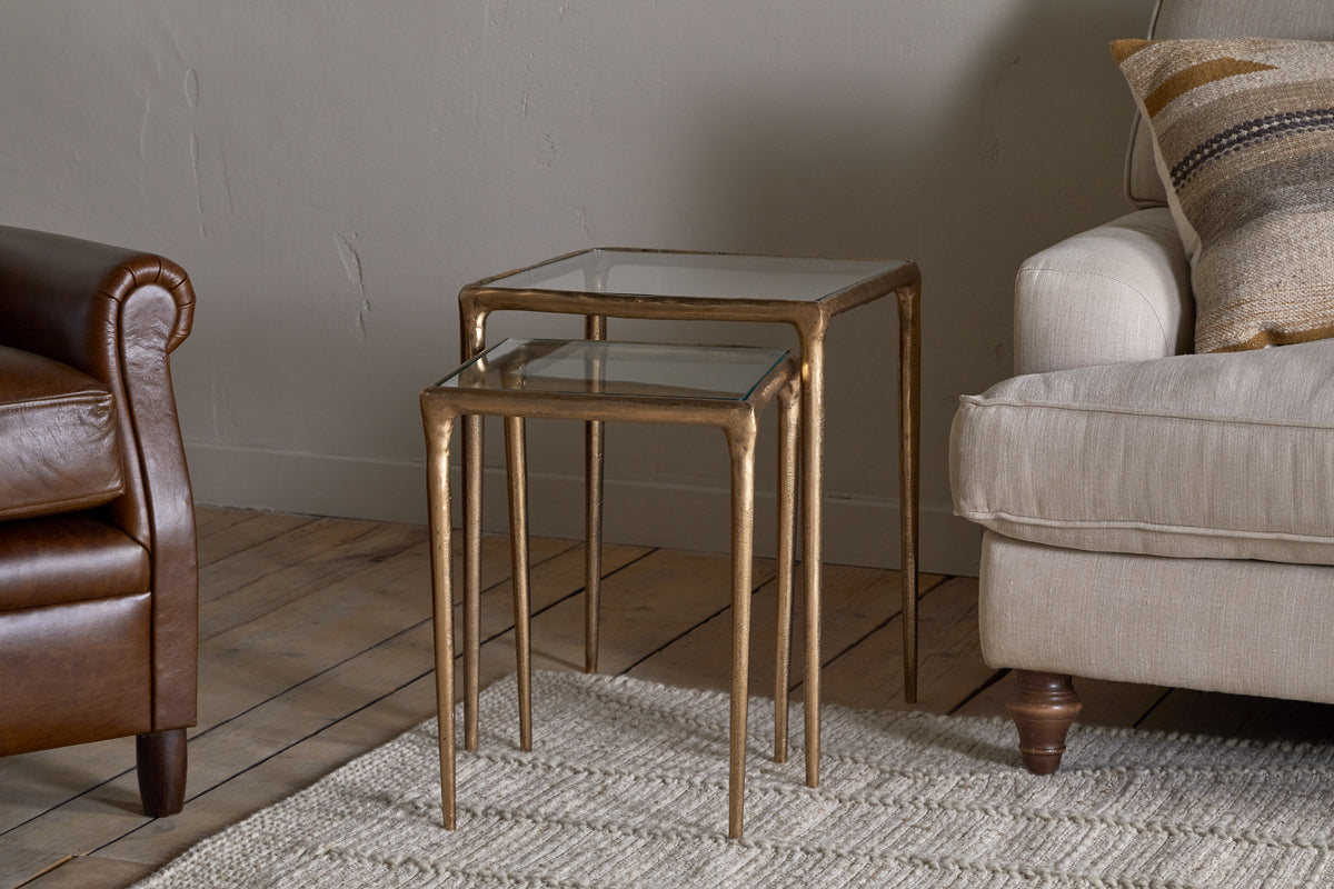 Gilasi Cast Metal & Glass Nesting Side Tables - Antique Brass (Set of 2)