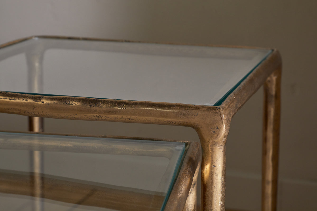 Gilasi Cast Metal & Glass Nesting Side Tables - Antique Brass (Set of 2)