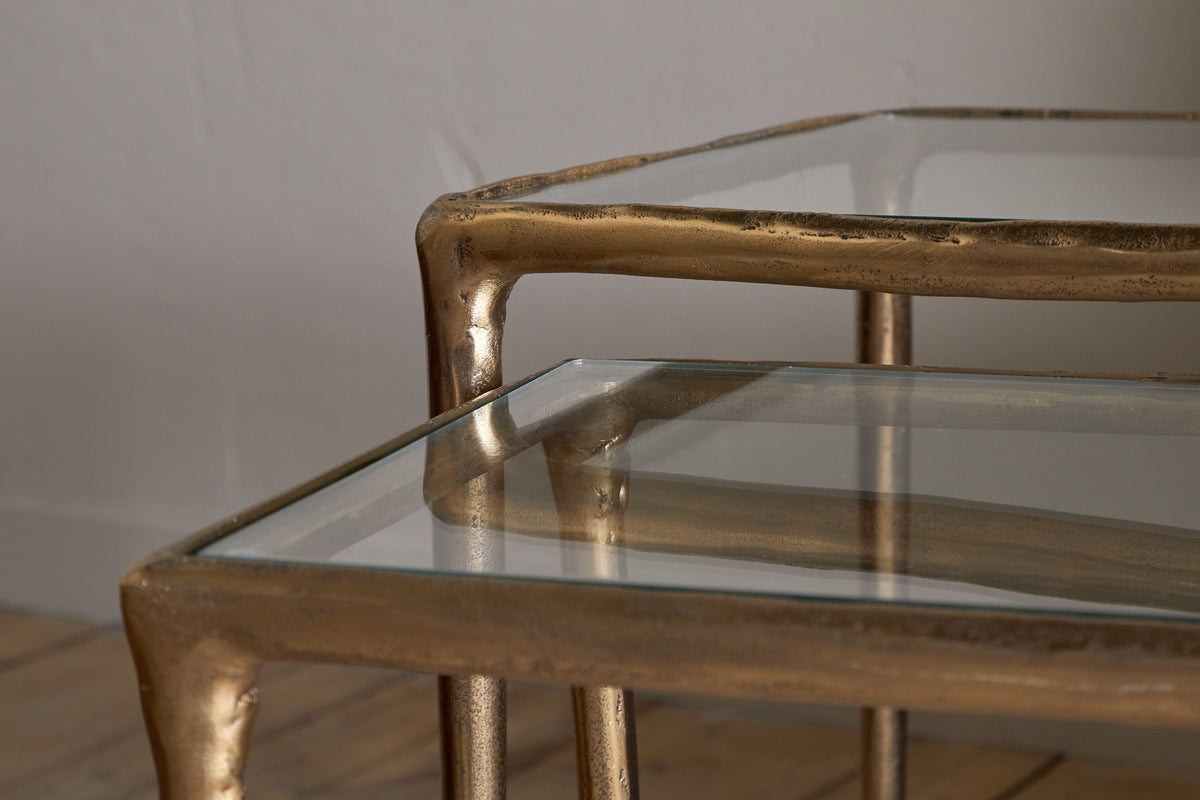 Gilasi Cast Metal & Glass Nesting Side Tables - Antique Brass (Set of 2)