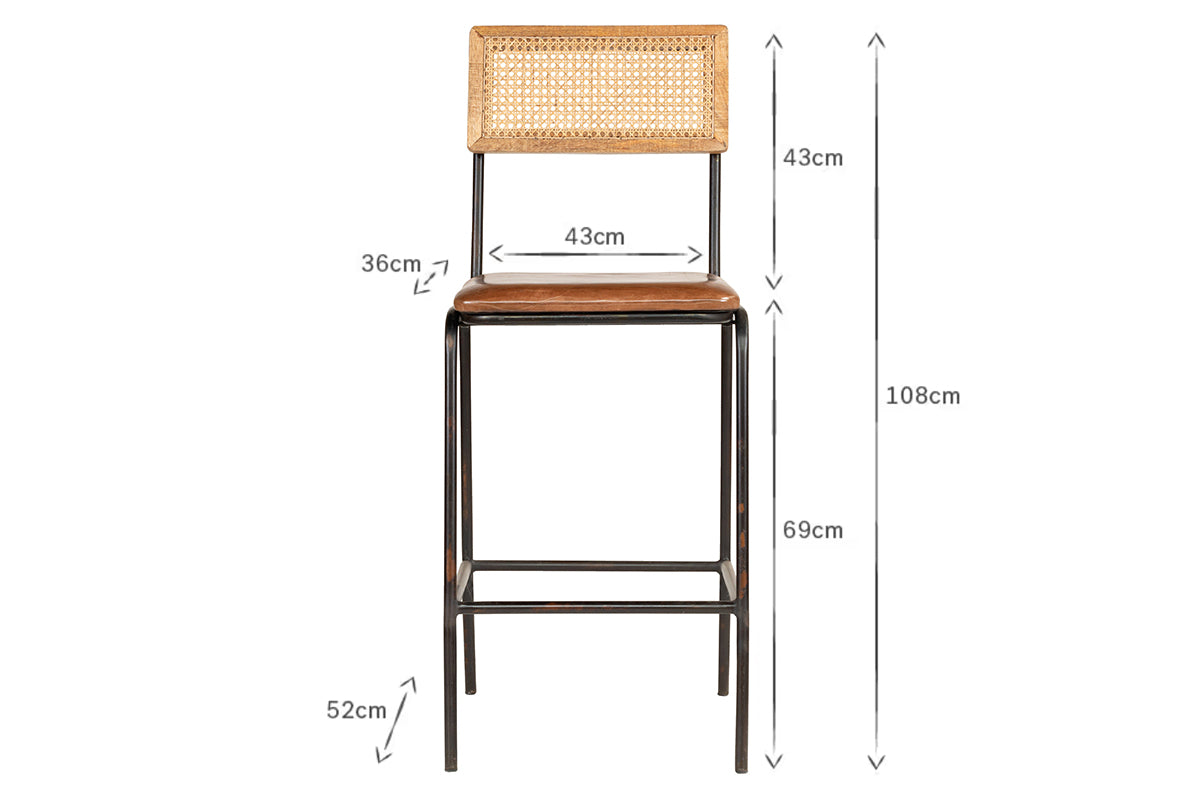Iswa Leather & Cane Counter Chair - Aged Tan