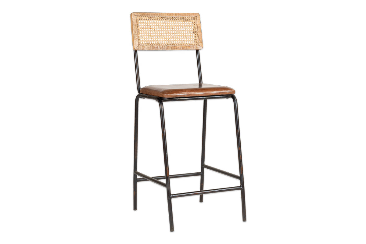 Iswa Leather & Cane Counter Chair - Aged Tan