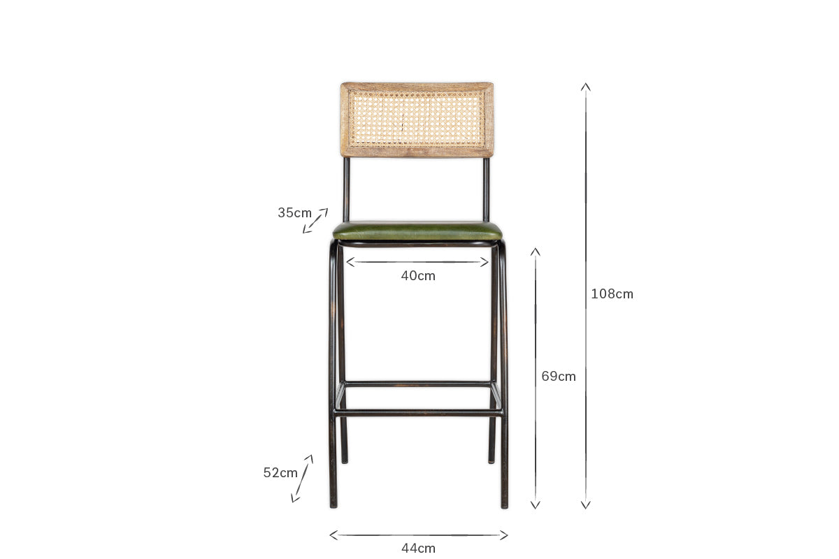 Iswa Leather & Cane Counter Chair - Rich Green