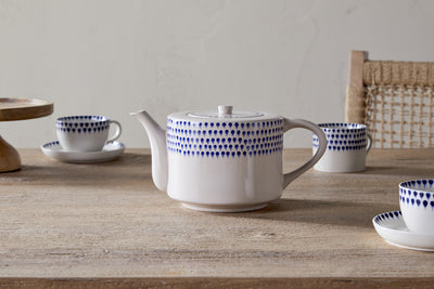 Indigo Drop 4 Person Teapot - Cream & Indigo