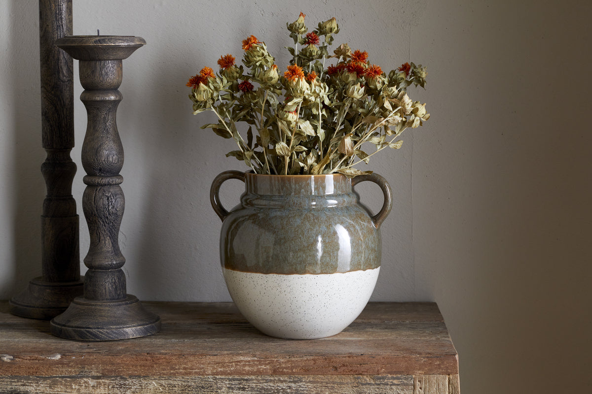 Inha Reactive Glaze Vase - Dark Olive & Natural