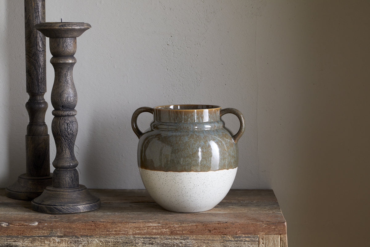 Inha Reactive Glaze Vase - Dark Olive & Natural