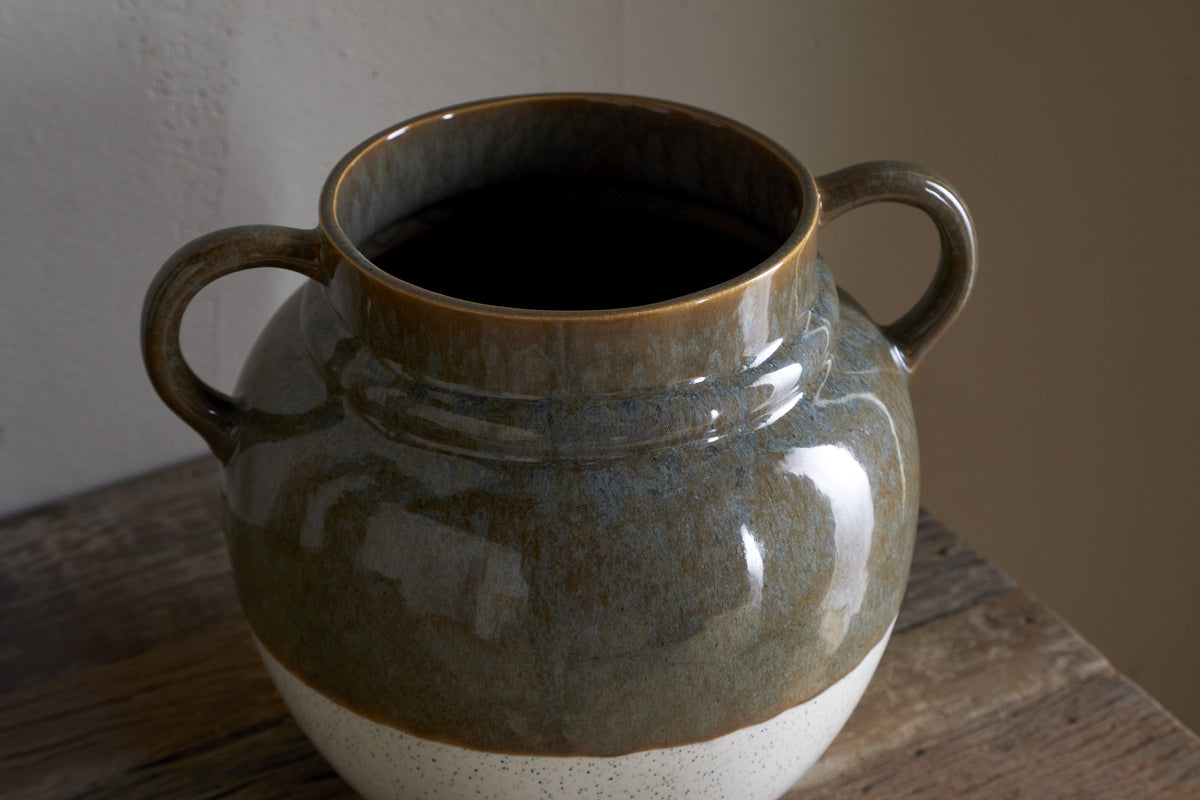 Inha Reactive Glaze Vase - Dark Olive & Natural