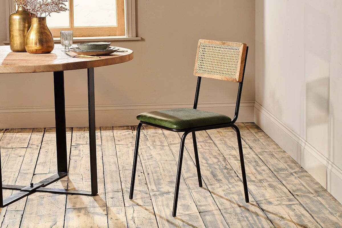 Iswa Leather & Cane Dining Chair - Green
