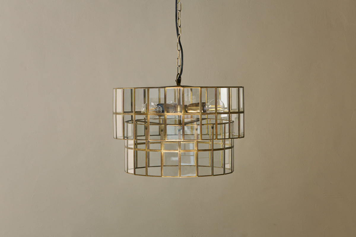 Kirindi Glass Panelled Chandelier - Clear & Antique Brass