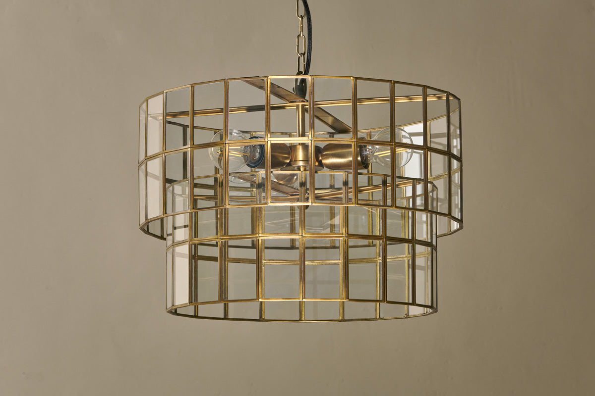 Kirindi Glass Panelled Chandelier - Clear & Antique Brass