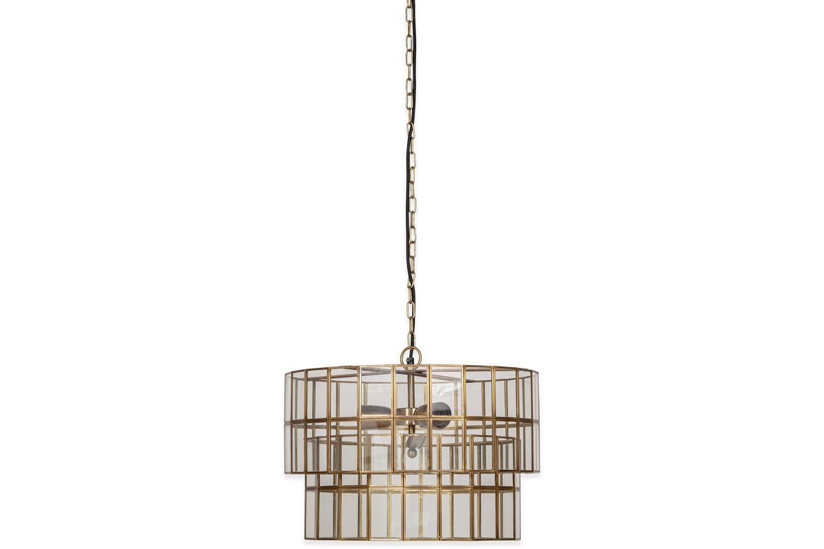 Kirindi Glass Panelled Chandelier - Clear & Antique Brass