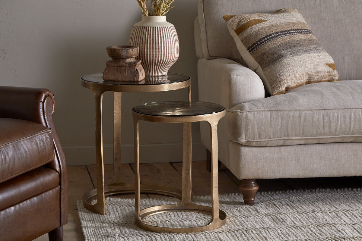 Khidki Cast Metal & Glass Nesting Side Tables - Antique Brass (Set of 2)