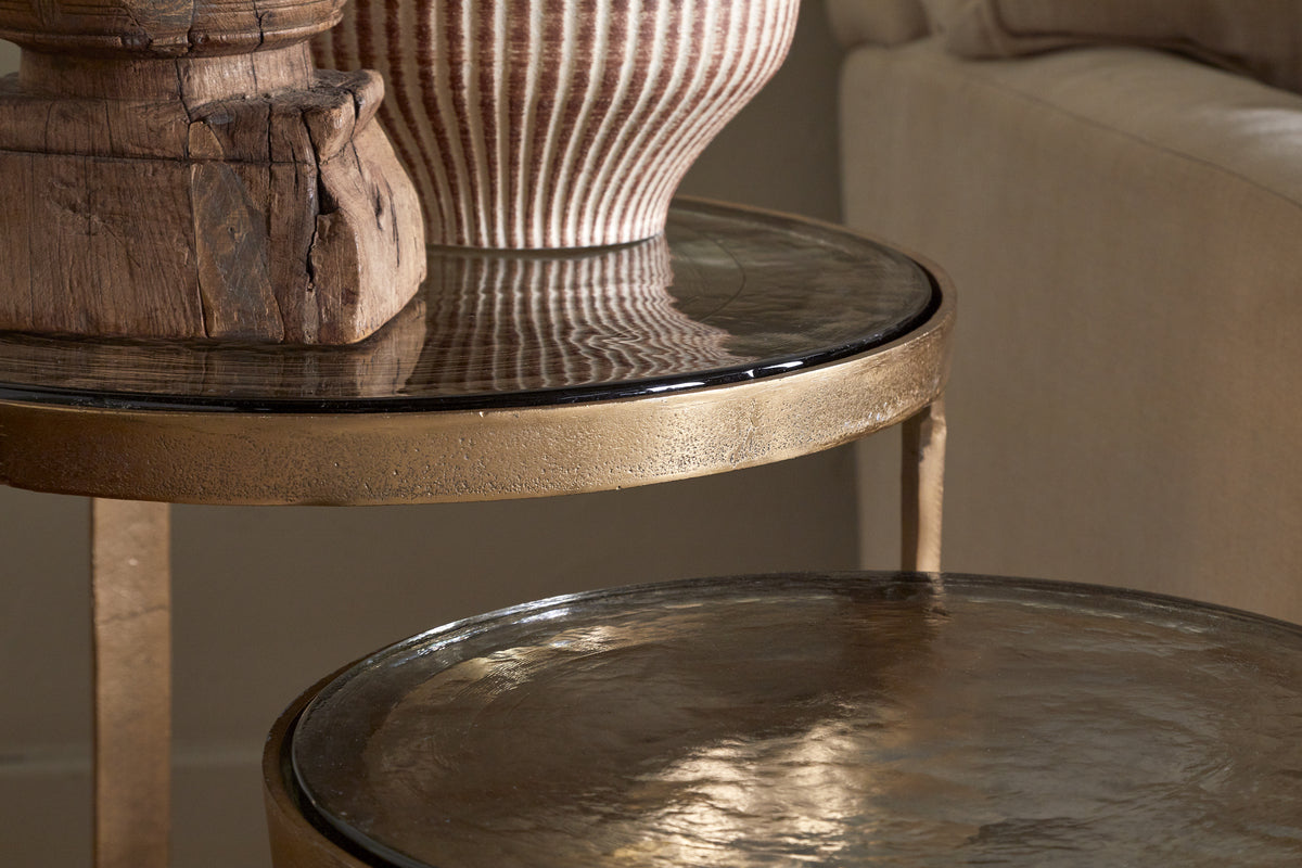 Khidki Cast Metal & Glass Nesting Side Tables - Antique Brass (Set of 2)