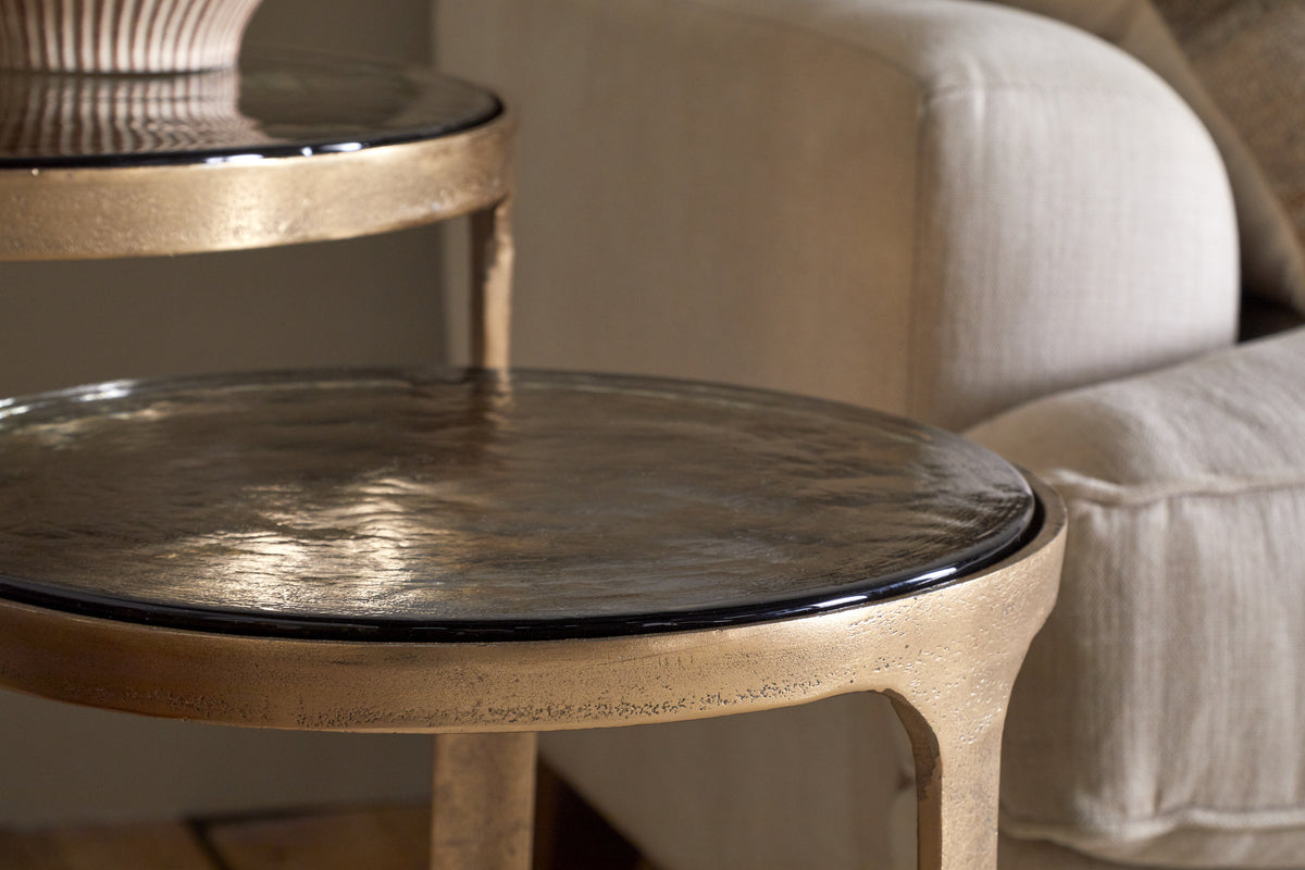 Khidki Cast Metal & Glass Nesting Side Tables - Antique Brass (Set of 2)