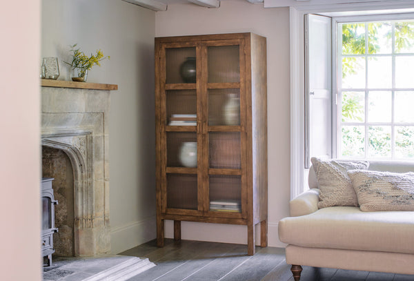 Mendani Mango Wood & Fluted Glass Cabinet - Walnut Stain-Trade nkuku