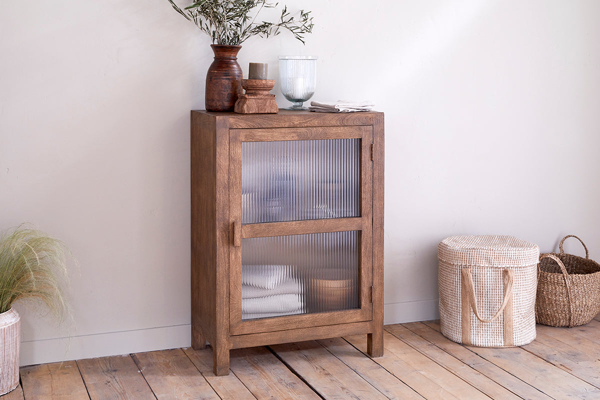 Mendani Mango Wood & Fluted Glass Glass Low Cabinet - Walnut Stain-Trade nkuku