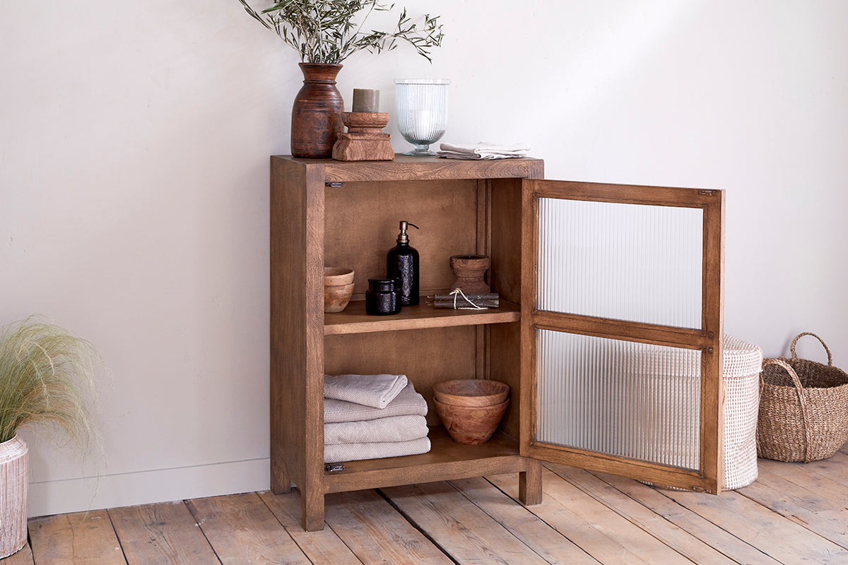 Mendani Mango Wood & Fluted Glass Glass Low Cabinet - Walnut Stain-Trade nkuku