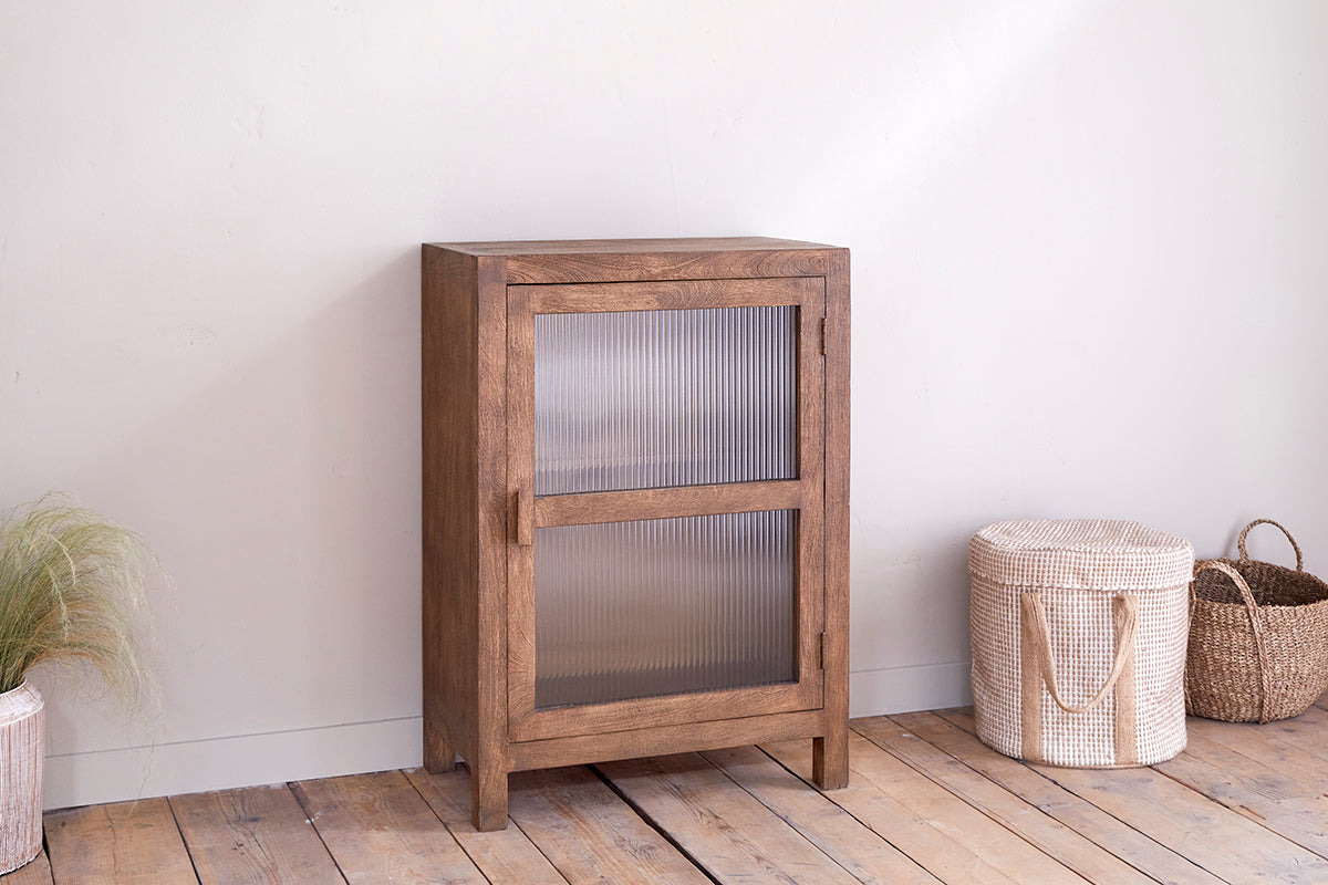 Mendani Mango Wood & Fluted Glass Glass Low Cabinet - Walnut Stain-Trade nkuku