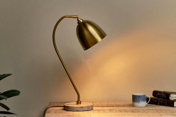 Mahra Marble & Metal Desk Lamp - Antique Brass & Brown