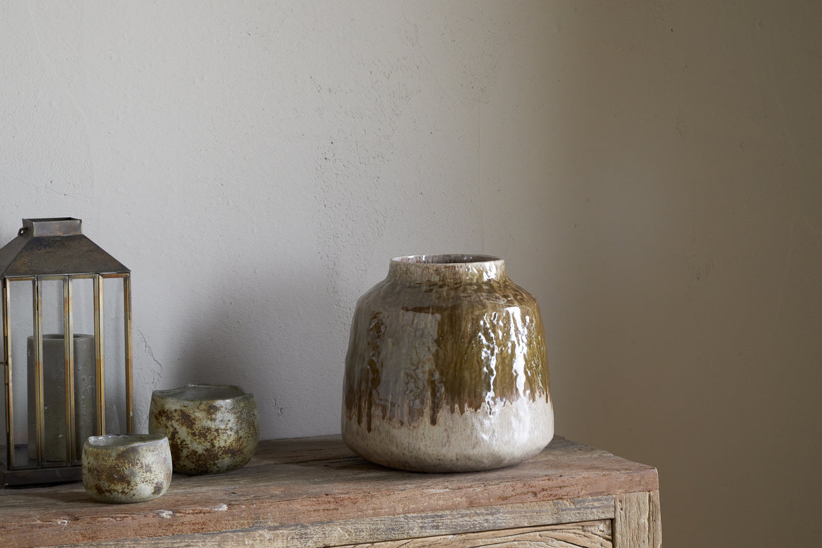 Melina Reactive Glaze Vase - Olive & Natural