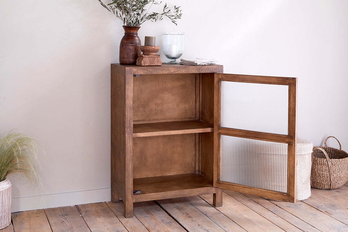 Mendani Mango Wood & Fluted Glass Glass Low Cabinet - Walnut Stain