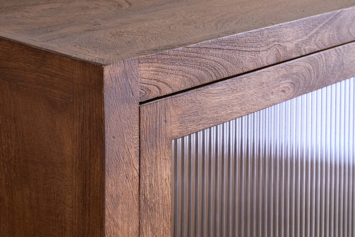 Mendani Mango Wood & Fluted Glass Glass Low Cabinet - Walnut Stain