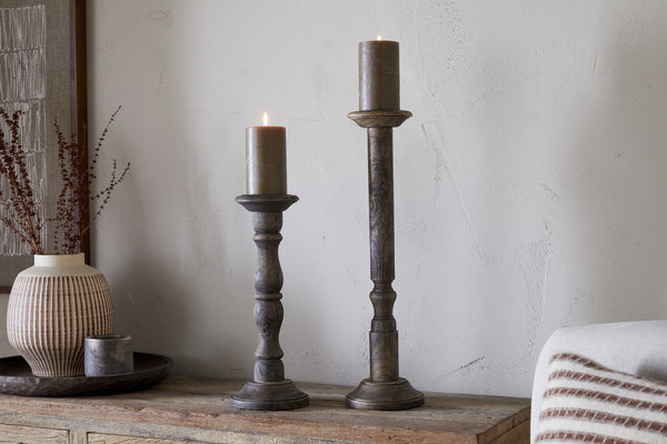 Nayati Rustic Wood Pillar Candle Stick - Dark Stain