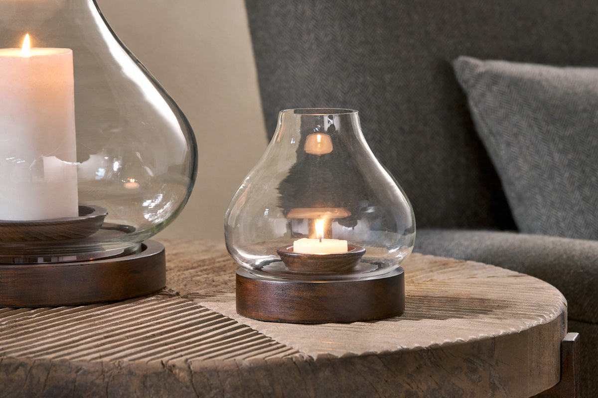 Naryla Mango Wood Lantern - Dark Stain & Clear