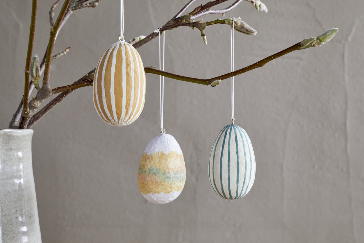 Terra Hand Painted Recycled Cotton Paper Hanging Egg - Teal, Cream & Ochre - (Set of 3)