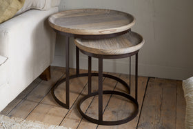 Nisha Carved Reclaimed Wood & Iron Nesting Side Tables - Natural - (Set of 2)