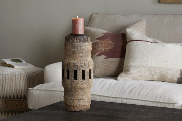 Mvua Reclaimed Wood Pillar Candle Holder - Natural
