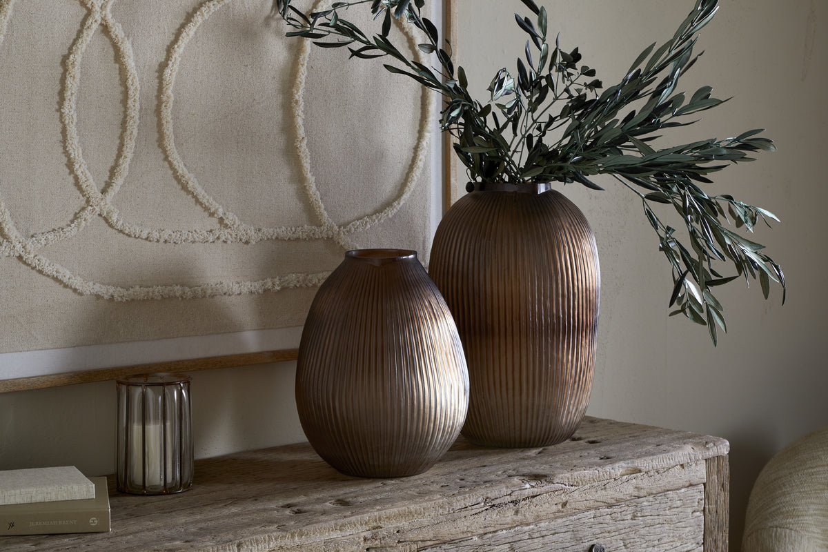 Linsy Ribbed Glass Vase - Smoke Brown