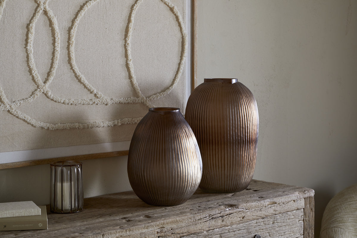 Linsy Ribbed Glass Vase - Smoke Brown