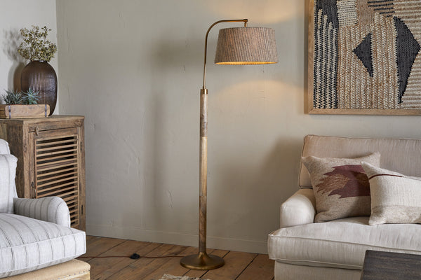 Kera Wood & Metal Floor Lamp - Antique Brass & Natural