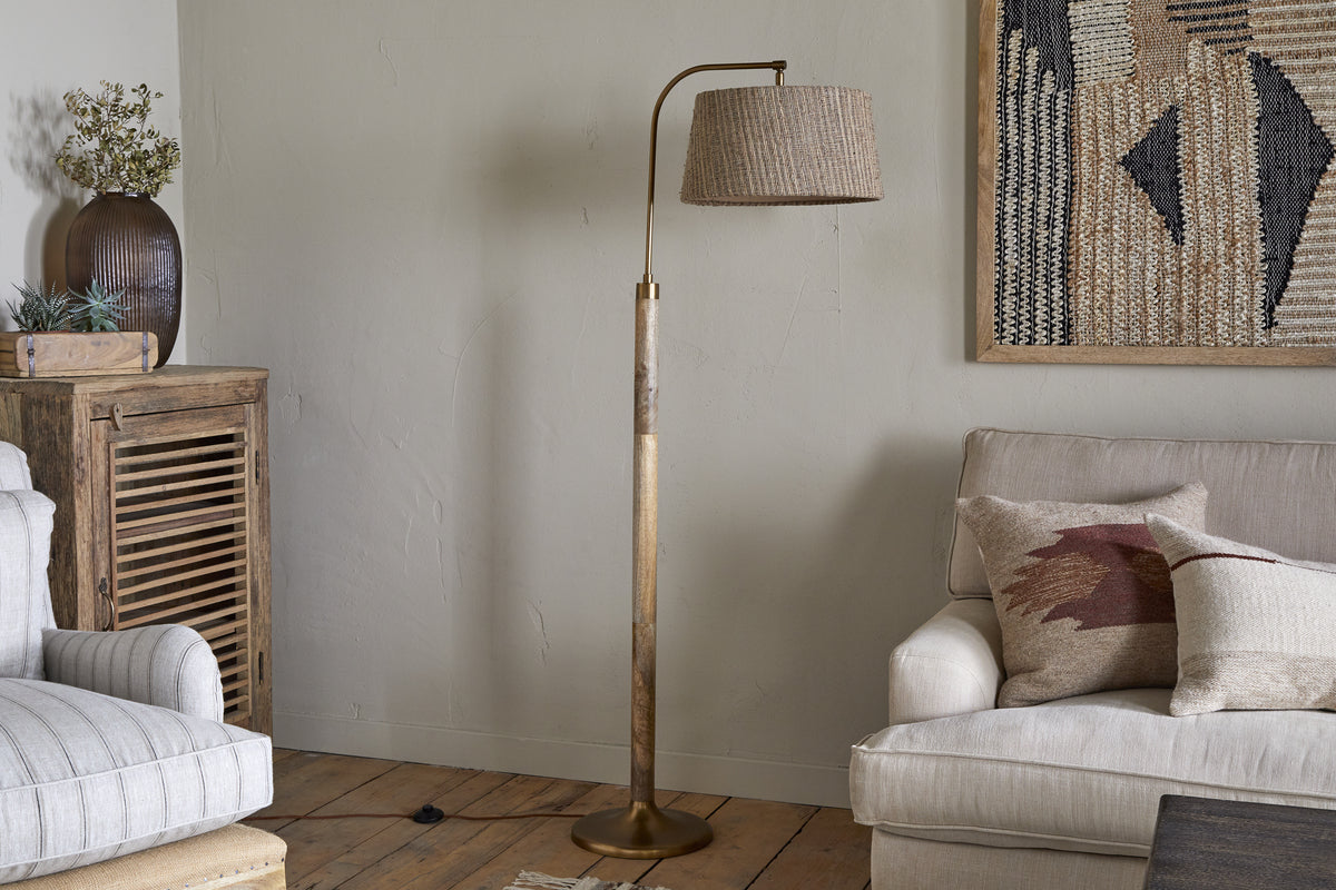 Kera Wood & Metal Floor Lamp - Antique Brass & Natural