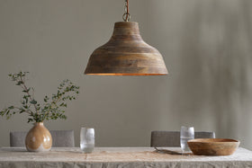 Nadi Grooved Wood Pendant - Natural & Antique Brass