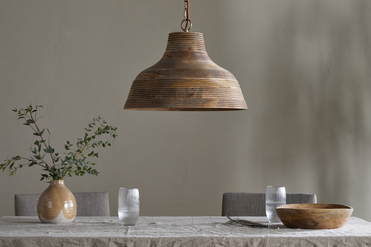 Nadi Grooved Wood Pendant - Natural & Antique Brass