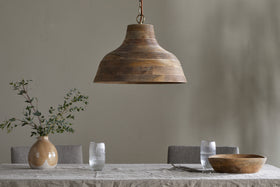 Nadi Grooved Wood Pendant - Natural & Antique Brass