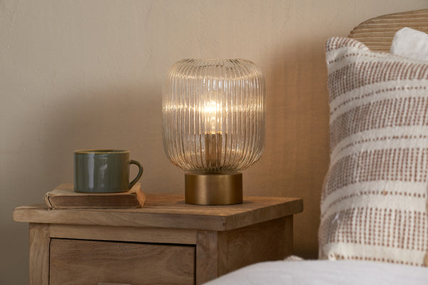 Rizal Fluted Glass Bedside Table Lamp - Antique Brass & Clear