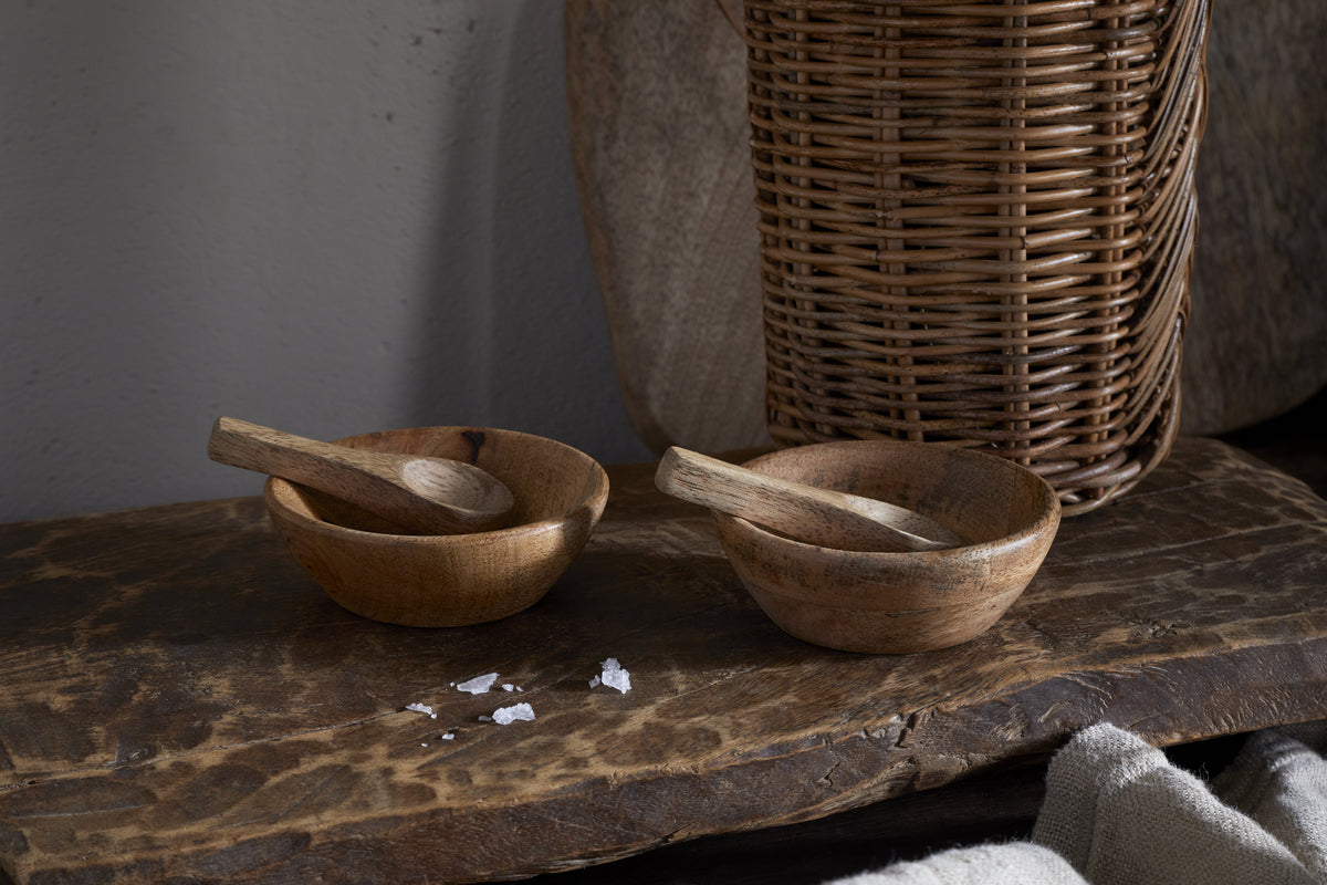 Daruka Salt & Pepper Dipping Bowls with Spoons - Natural