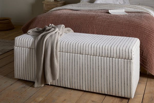 Sanja Stripe Cotton & Linen Upholstered Storage Bench - Grey